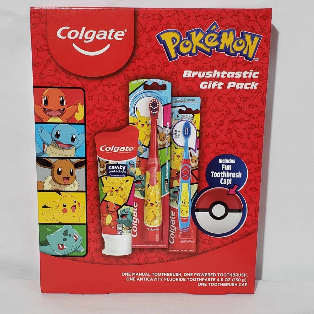 Colgate Pokémon Brushtastic Gift Pack Electric Manual Toothbrush Toothpaste Cap